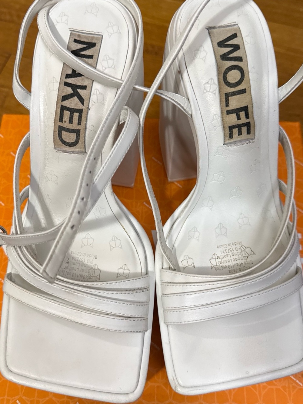 Naked Wolfe White Strappy Square-Toe Block Heel Sandals